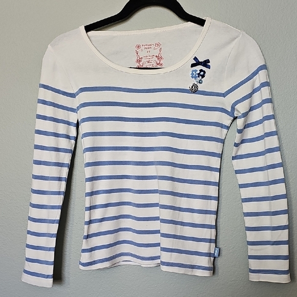 Pumpkin Patch Girly Fun Striped Blue and White Kids Embellished Shirt Size 11 - Picture 1 of 8